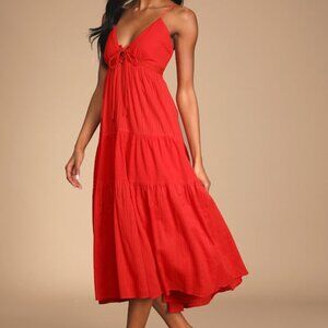 Lulus Out And About Bright Red Tiered Lace-up Midi Dress - Size L